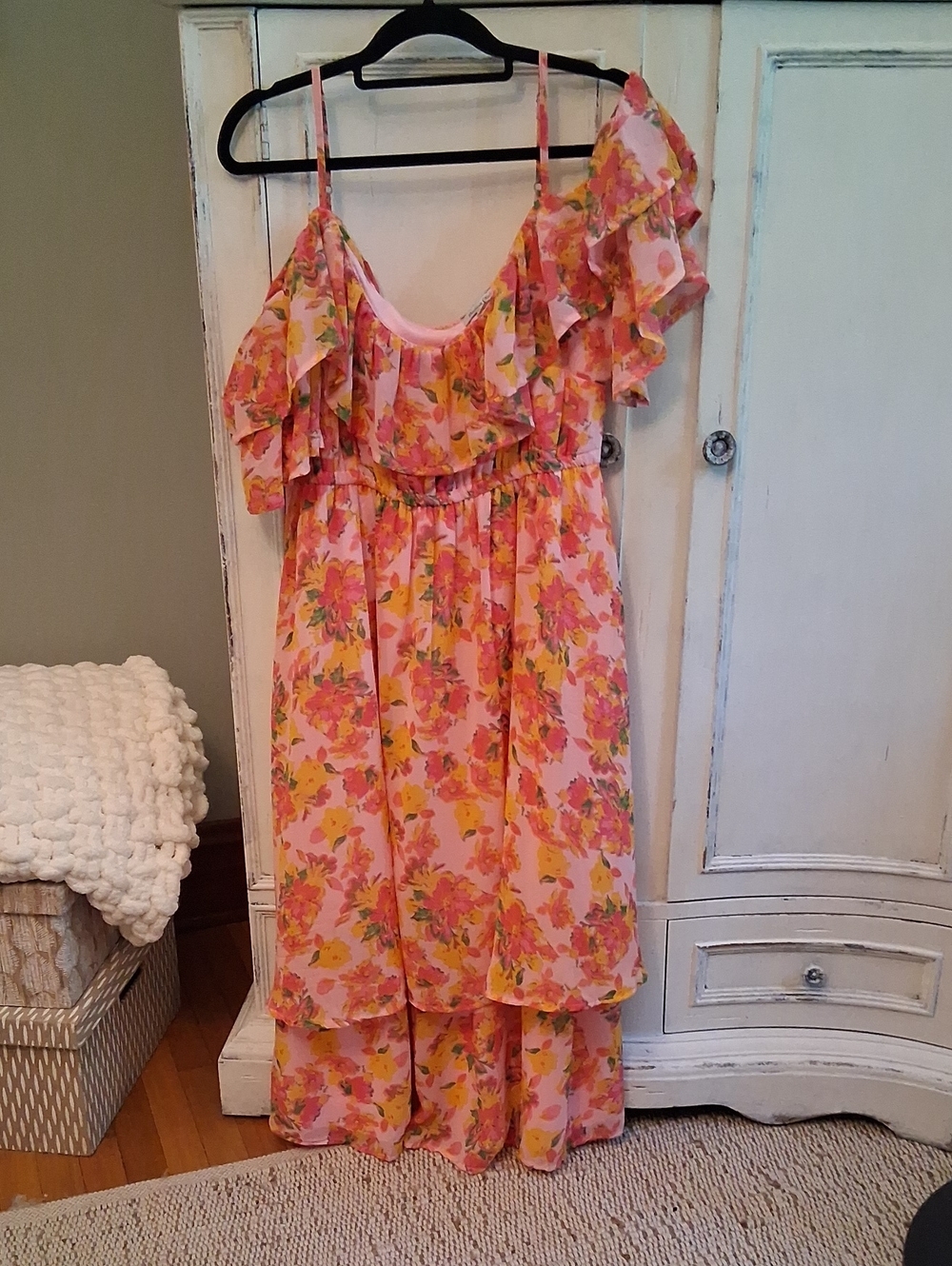 Pink Floral Ruffle Maxi Dress Off Shoulder
